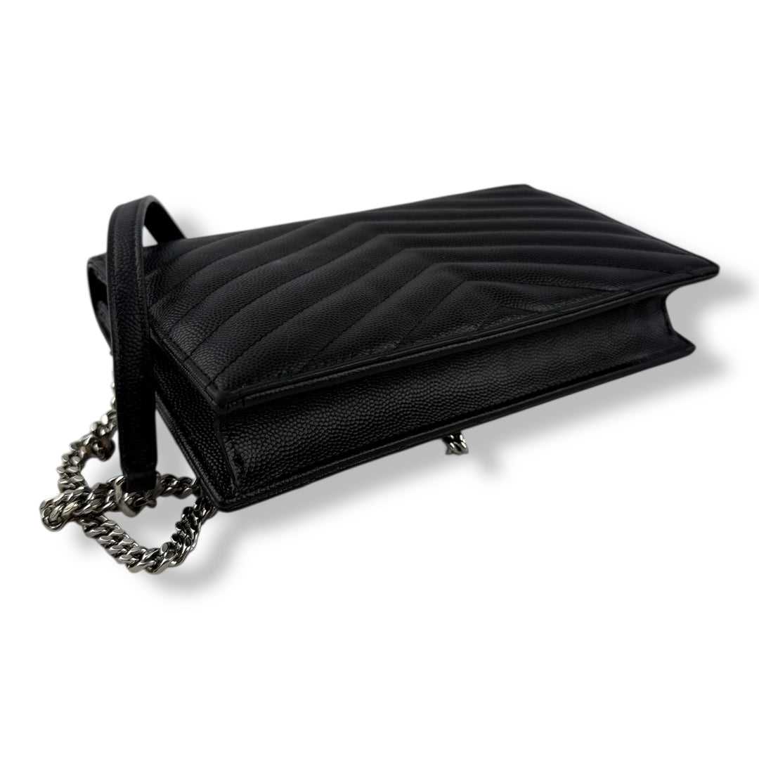 Saint Laurent YSL Black Grained Envelope Leather Wallet On Chain Handbag