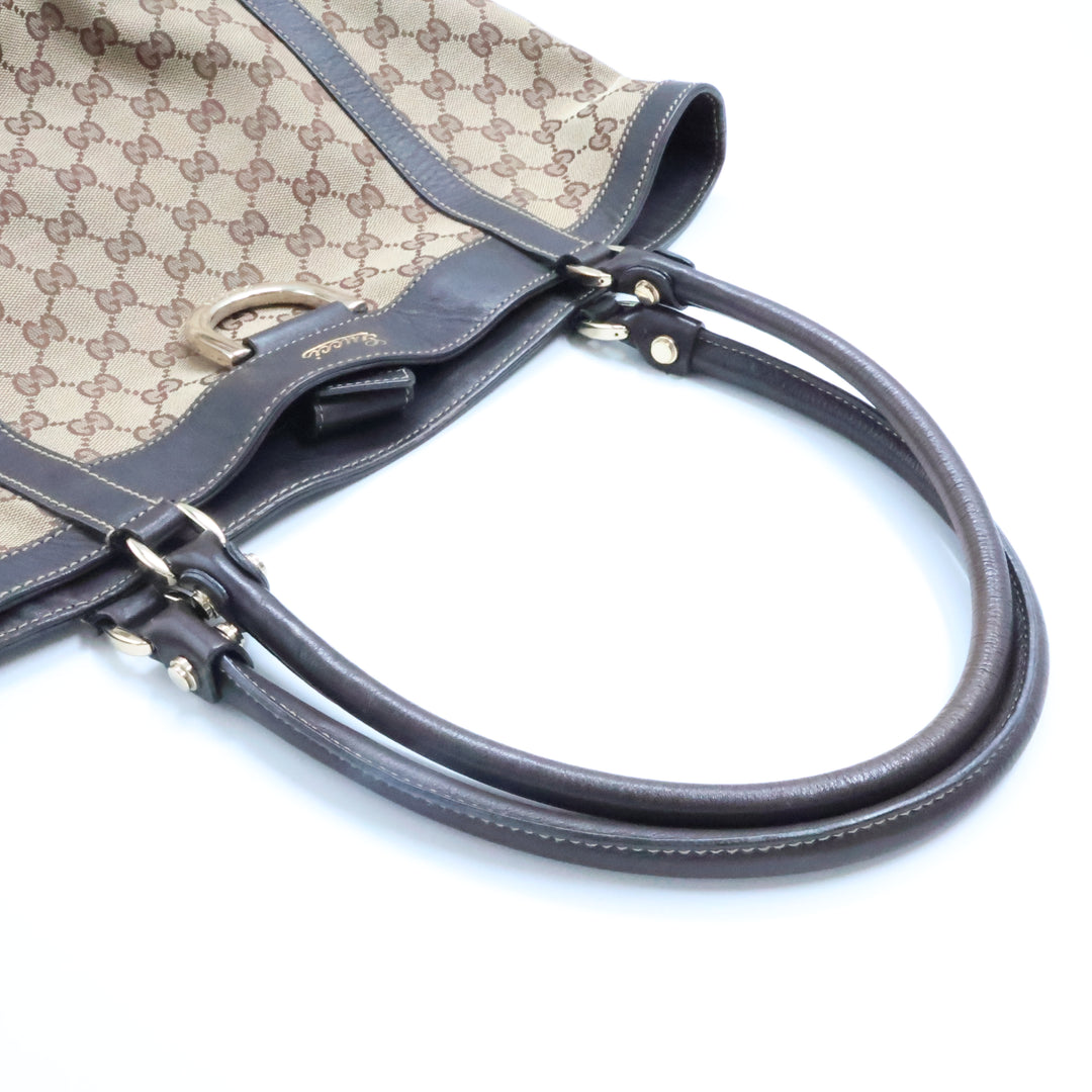 Gucci Abbey GG Beige/Brown Canvas D-Ring Tote Handbag