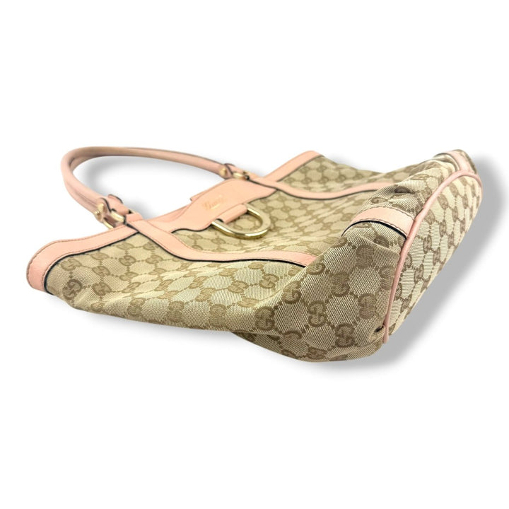 Gucci Abbey GG Beige/Pink Canvas D-Ring Tote Handbag
