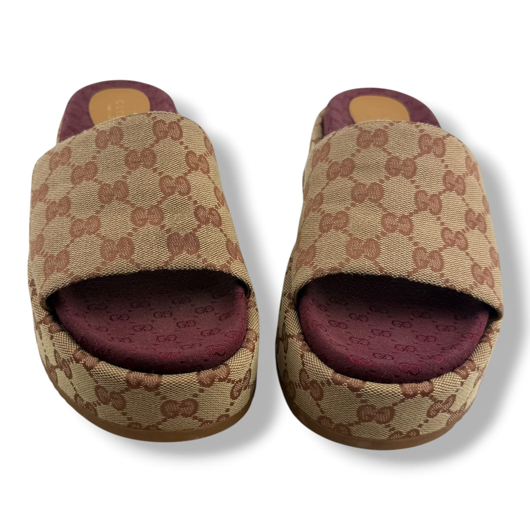 Gucci Beige/Burgundy GG Platform Sandals UK 8 / EU 41