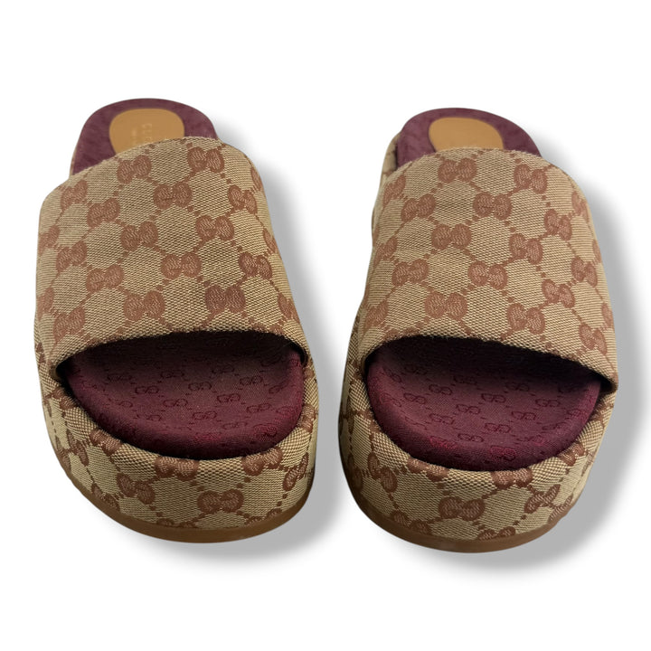 Gucci Beige/Burgundy GG Platform Sandals UK 8 / EU 41