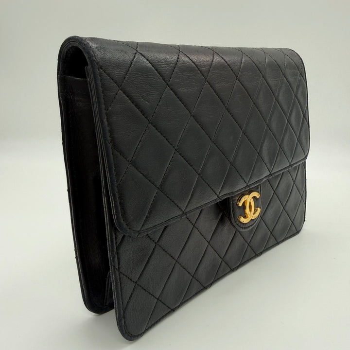 Chanel CC Black Push Lock Single Flap Quilted Lambskin Shoulder Handbag