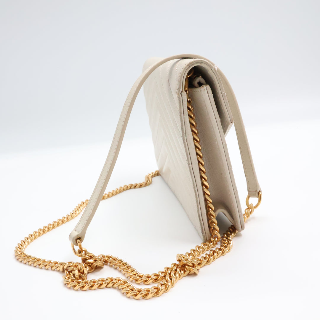 Saint Laurent YSL White Grained Envelope Leather Wallet On Chain Handbag