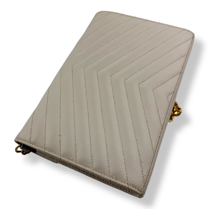 Saint Laurent YSL Matelasse White Leather Cassandre Wallet On Chain Handbag