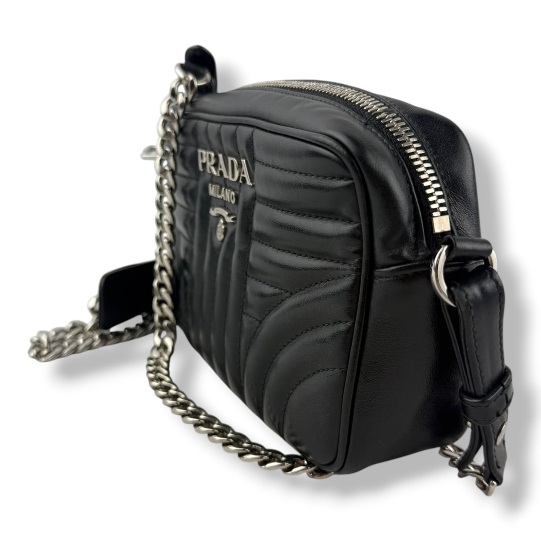 Prada Diagramme Black Calfskin Leather Camera Crossbody Handbag