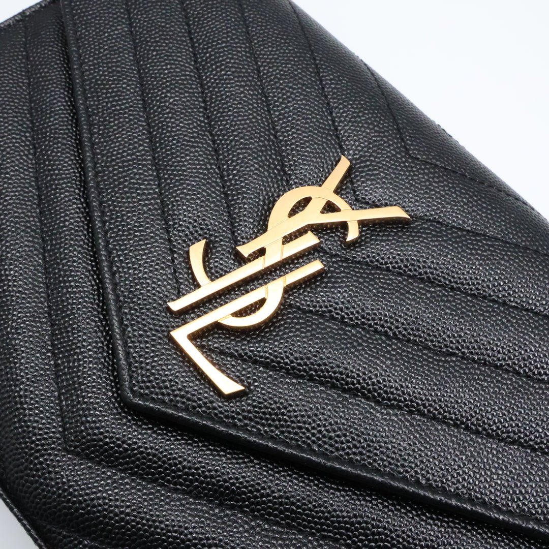 Saint Laurent YSL Matelasse Black Leather Cassandre Wallet On Chain Handbag