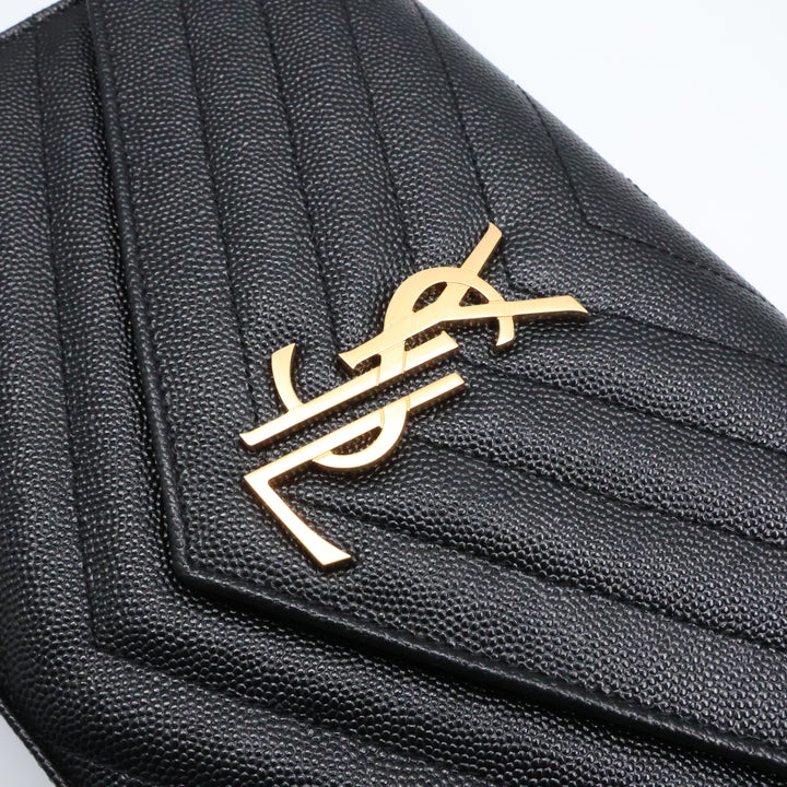 Saint Laurent YSL Matelasse Black Leather Cassandre Wallet On Chain Handbag