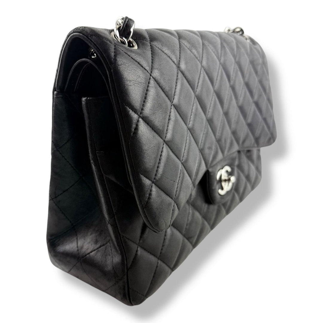 Chanel Double Classic Lambskin Black Flap Handbag Large