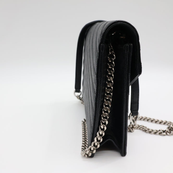 Saint Laurent YSL Black Grained Envelope Leather Wallet On Chain Handbag