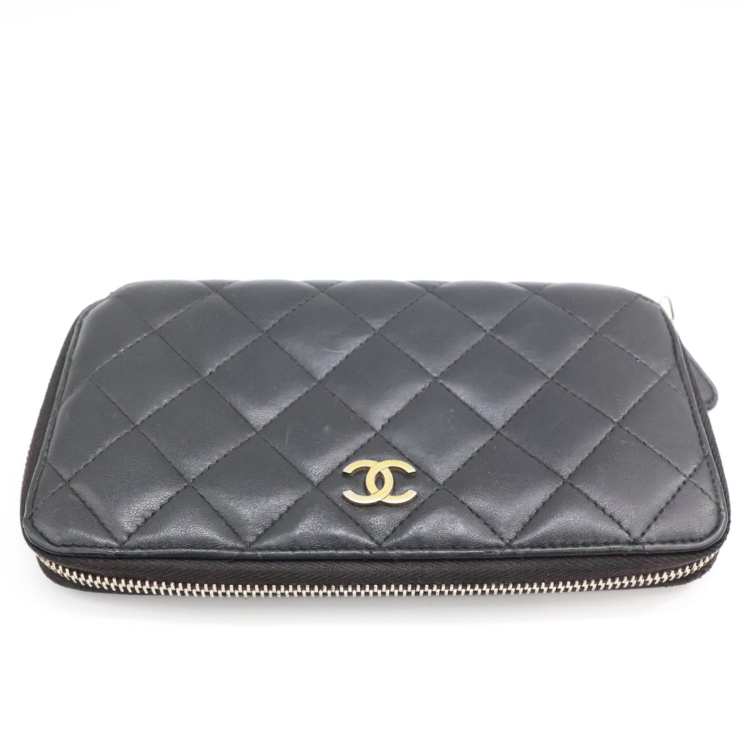 Chanel Zip Around Lambskin Black Wallet