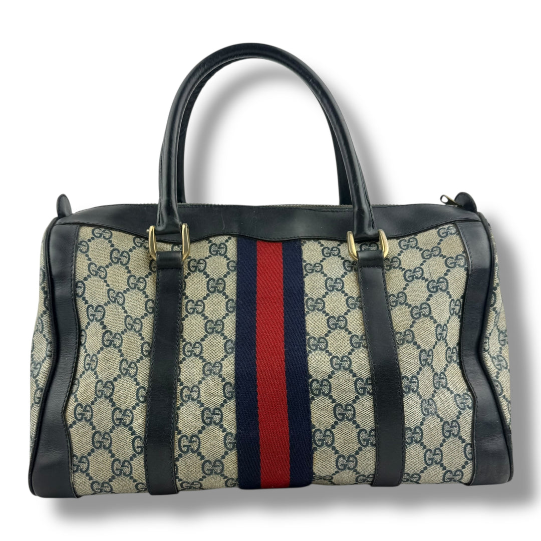 Gucci Navy /  Beige GG Monogram Boston Canvas Bag