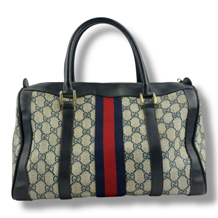 Gucci Navy /  Beige GG Monogram Boston Canvas Bag
