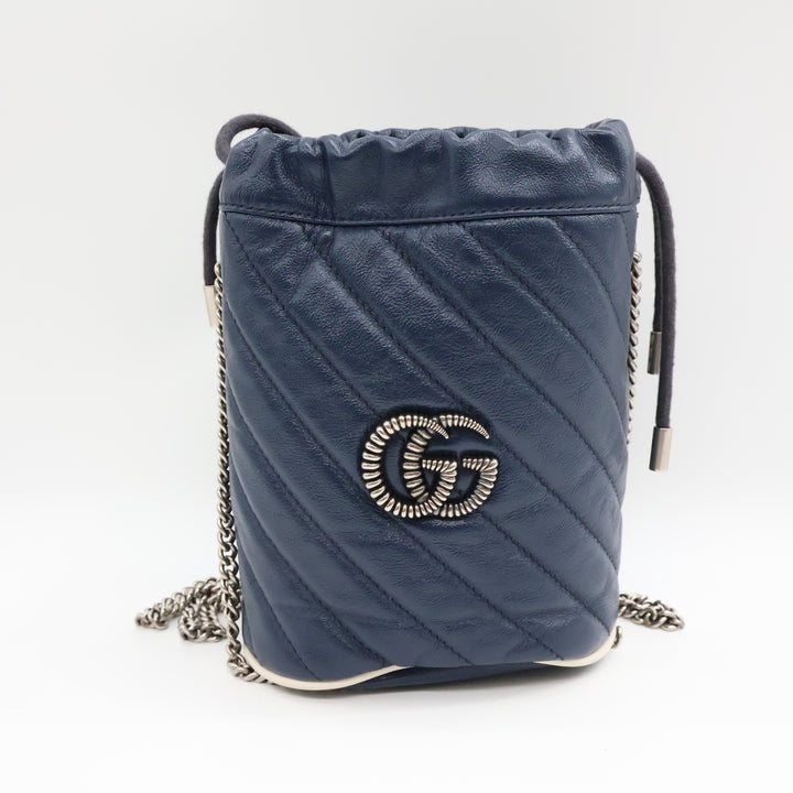 Gucci GG Marmont Navy Leather Mini Bucket Handbag