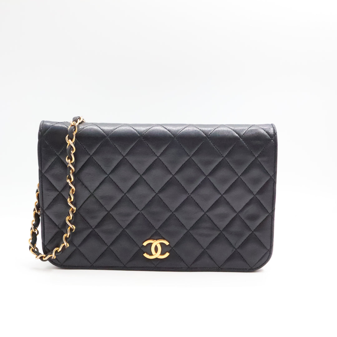 Chanel CC Black Push Lock Single Flap Quilted Lambskin Shoulder Handbag