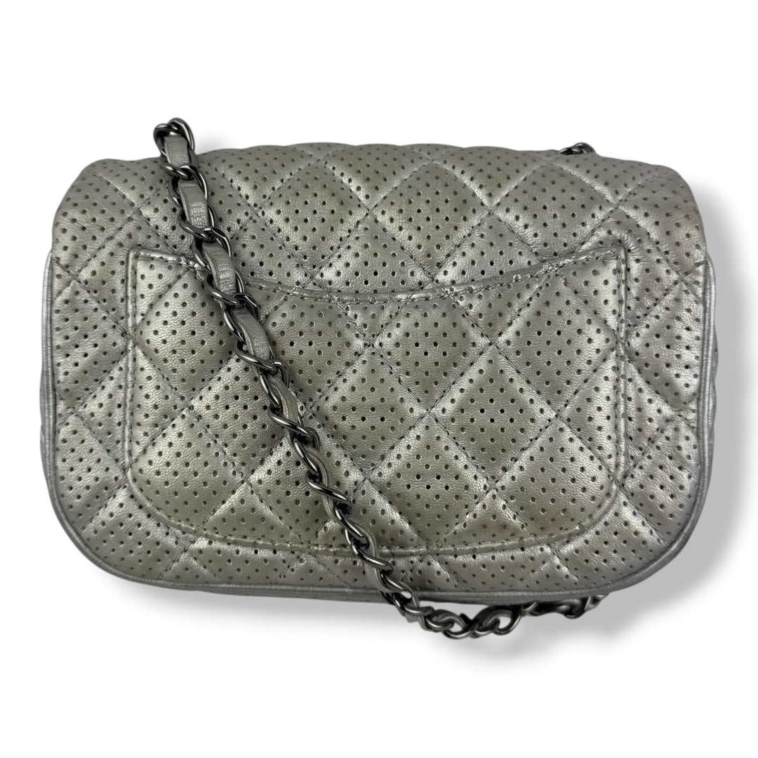 Chanel Mini Perforated Classic Flap Lambskin Silver Handbag
