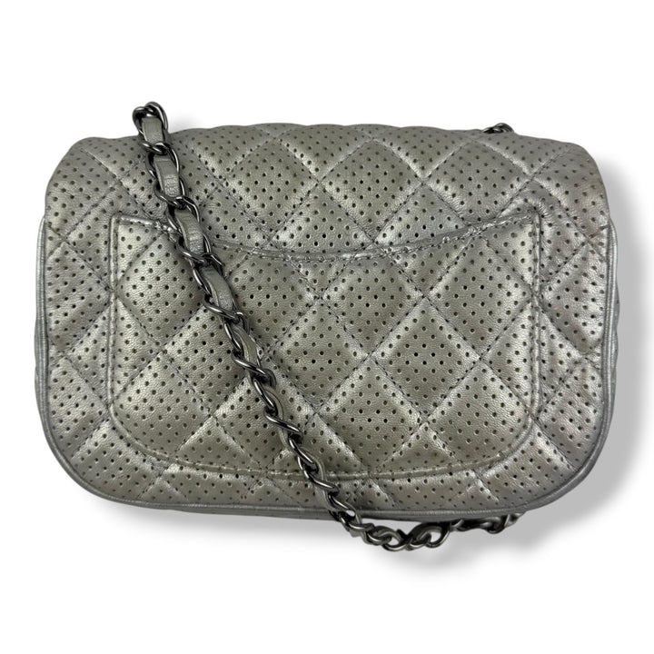 Chanel Mini Perforated Classic Flap Lambskin Silver Handbag