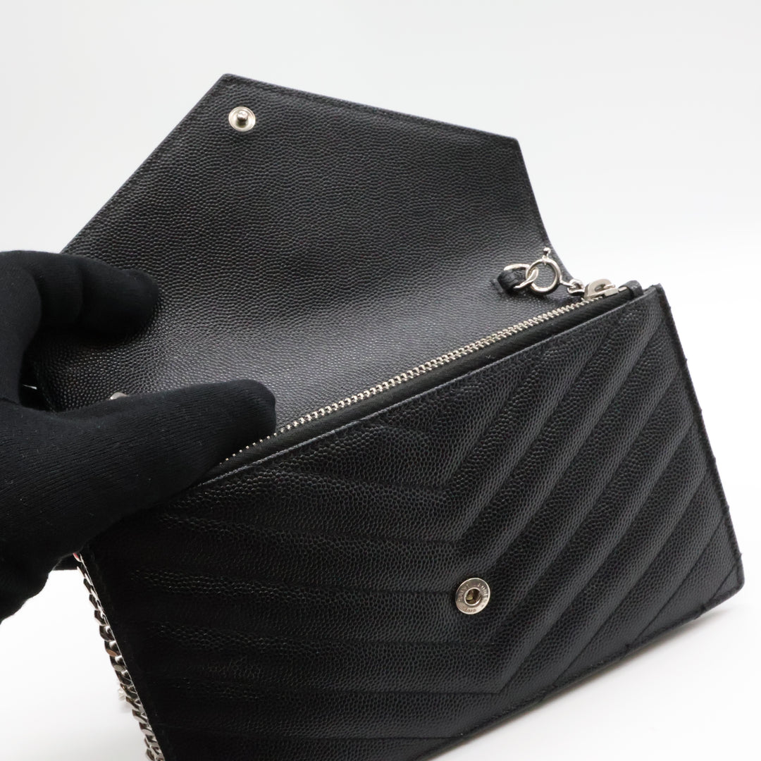 Saint Laurent YSL Black Grained Envelope Leather Wallet On Chain Handbag