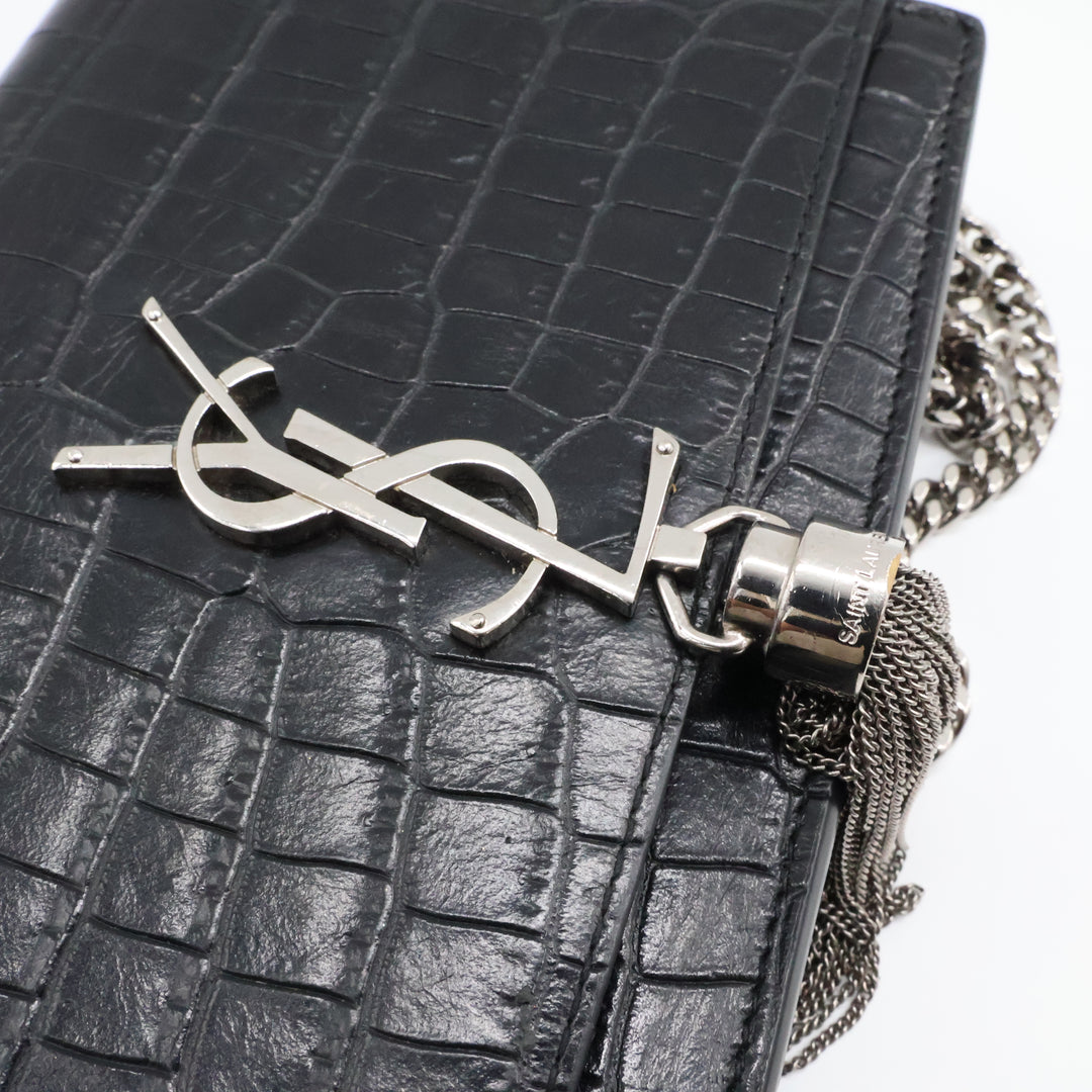 Saint Laurent YSL Black Croc Leather Kate Tassel Wallet On Chain Handbag