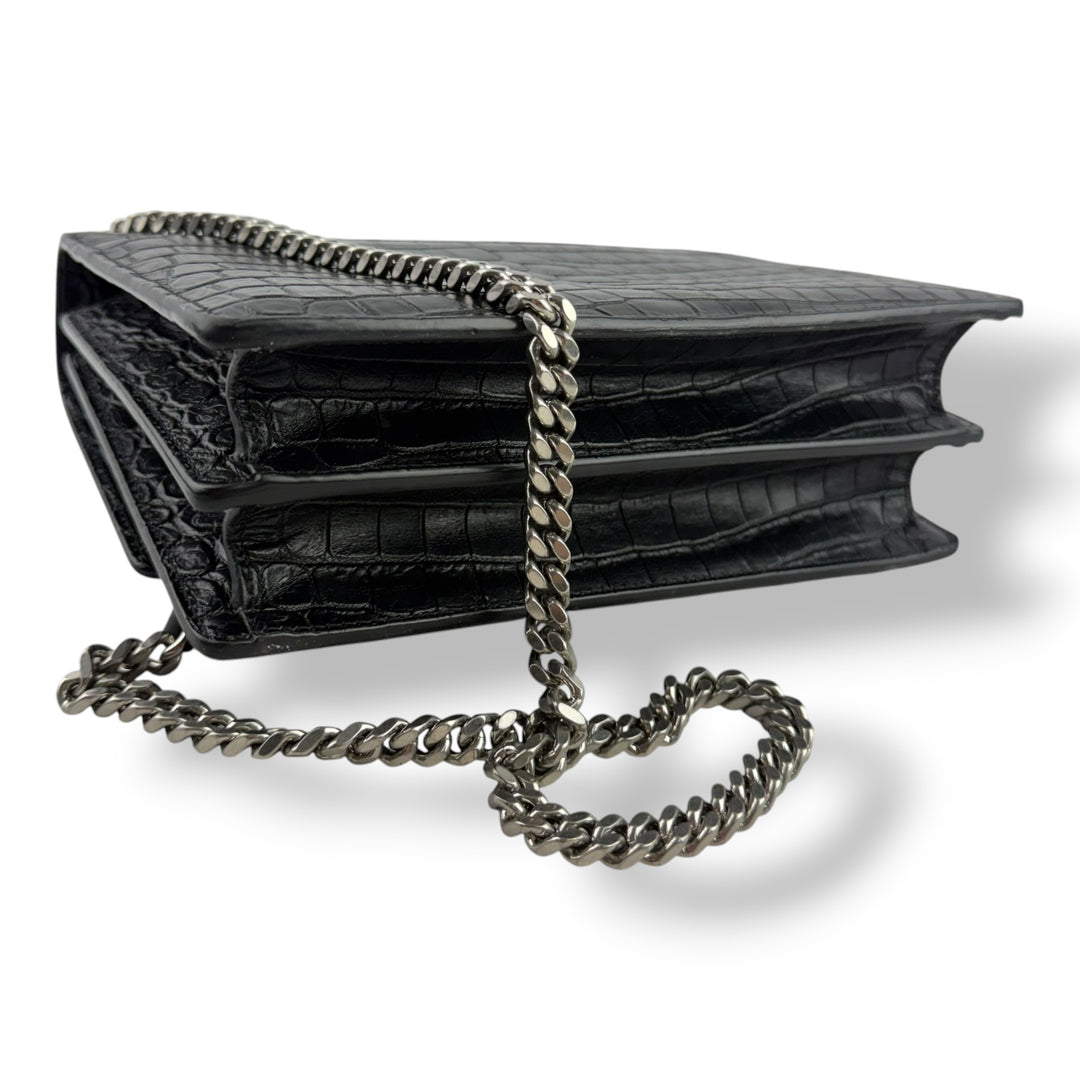 Saint Laurent Black Croc Embossed Leather Medium Sunset Chain Bag