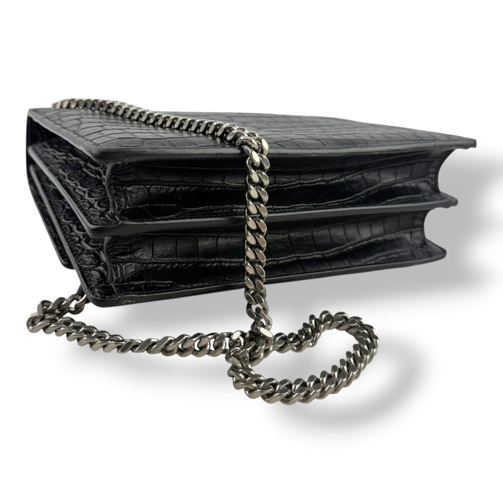 Saint Laurent Black Croc Embossed Leather Medium Sunset Chain Bag