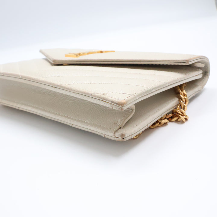 Saint Laurent YSL White Grained Envelope Leather Wallet On Chain Handbag