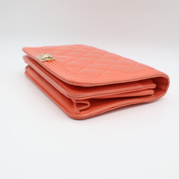 Chanel Coral Pink Lambskin Boy WOC Handbag