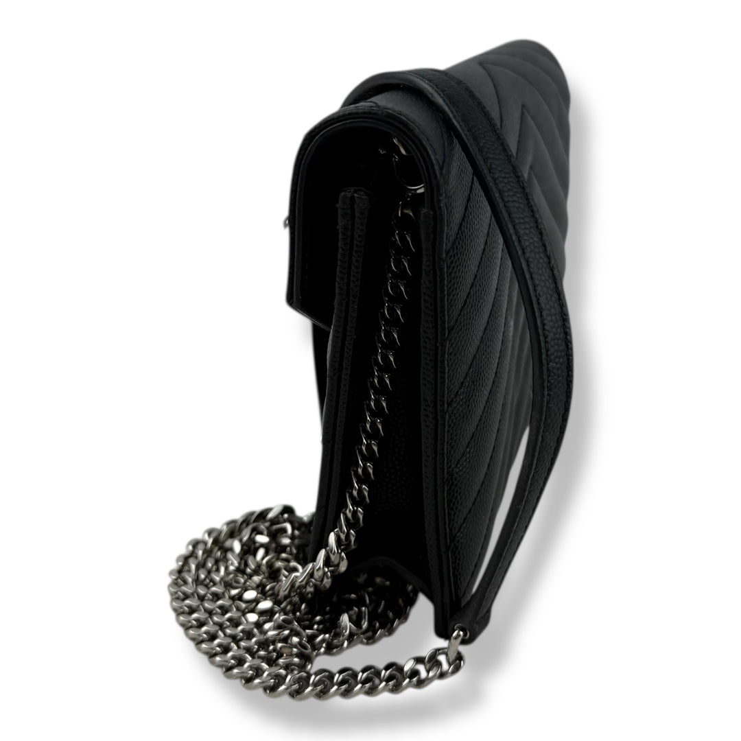 Saint Laurent YSL Black Grained Envelope Leather Wallet On Chain Handbag