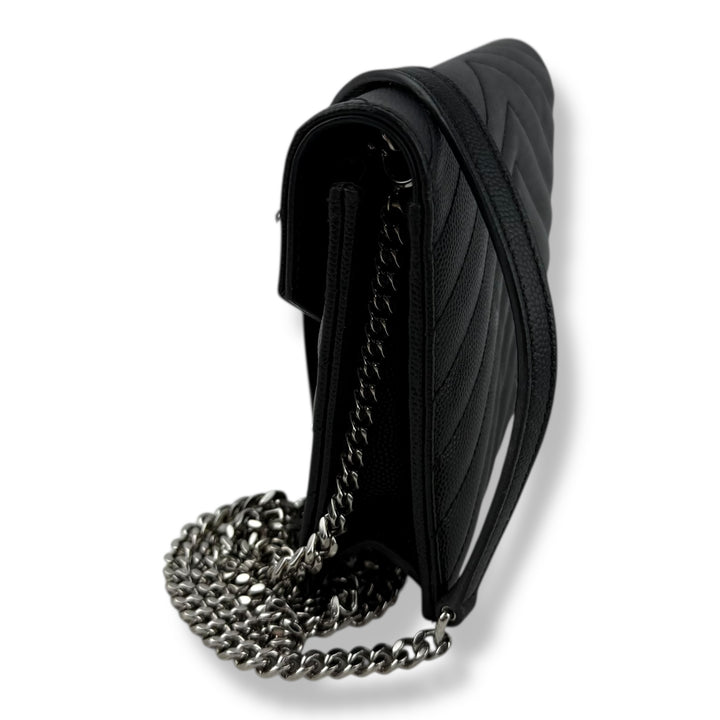 Saint Laurent YSL Black Grained Envelope Leather Wallet On Chain Handbag