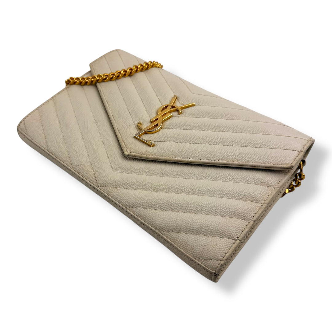 Saint Laurent YSL Matelasse White Leather Cassandre Wallet On Chain Handbag