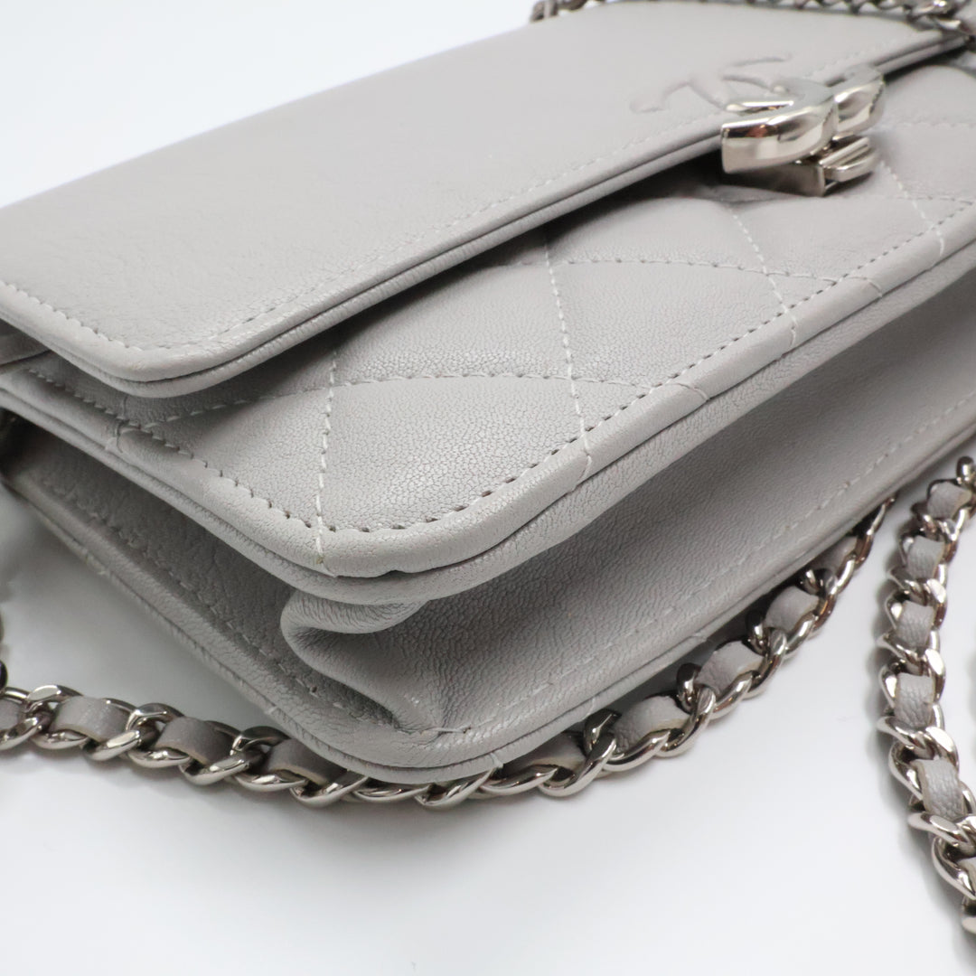 CHANEL Lambskin Quilted Wallet On Chain WOC Grey Handbag