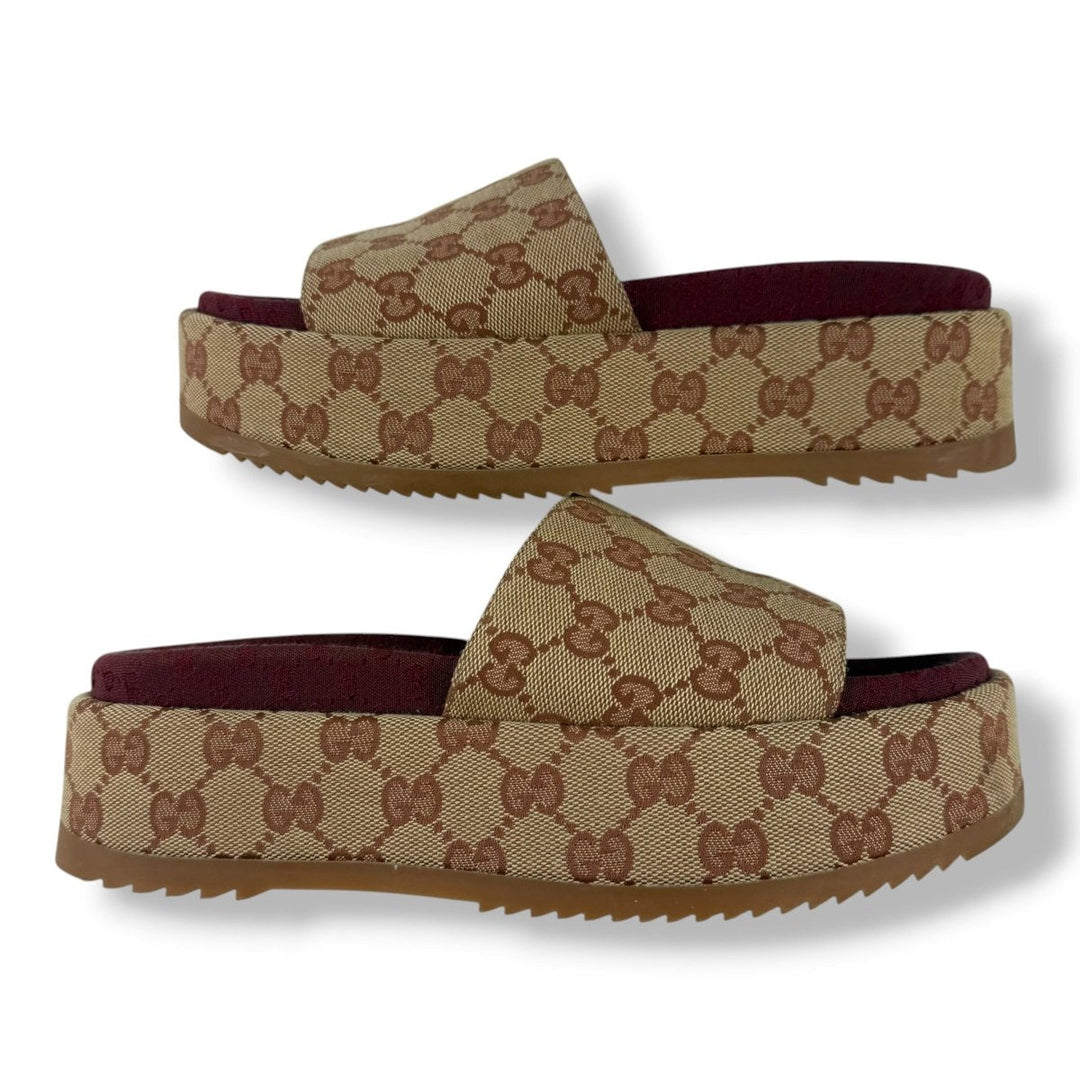 Gucci Beige/Burgundy GG Platform Sandals UK 4 / EU 37