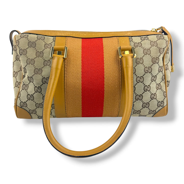 Gucci Sherry Line Beige/Red GG Monogram Boston Canvas Bag