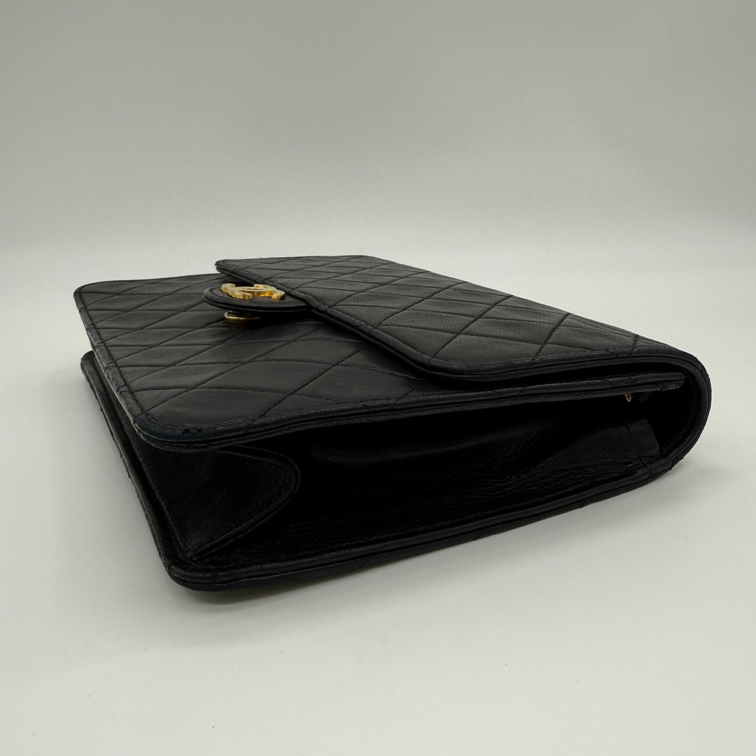 Chanel CC Black Push Lock Single Flap Quilted Lambskin Shoulder Handbag