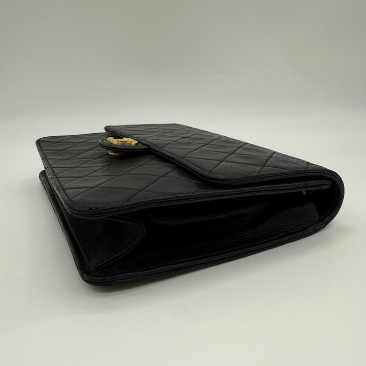 Chanel CC Black Push Lock Single Flap Quilted Lambskin Shoulder Handbag