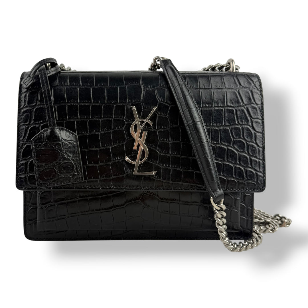 Saint Laurent Black Croc Embossed Leather Medium Sunset Chain Bag