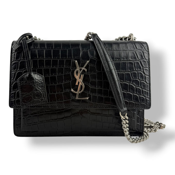Saint Laurent Black Croc Embossed Leather Medium Sunset Chain Bag