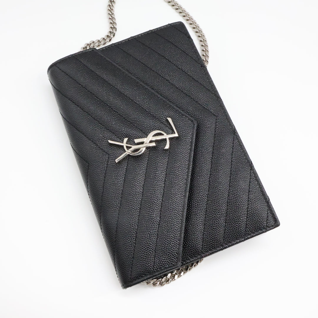 Saint Laurent YSL Black Grained Envelope Leather Wallet On Chain Handbag