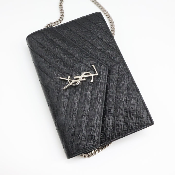 Saint Laurent YSL Black Grained Envelope Leather Wallet On Chain Handbag