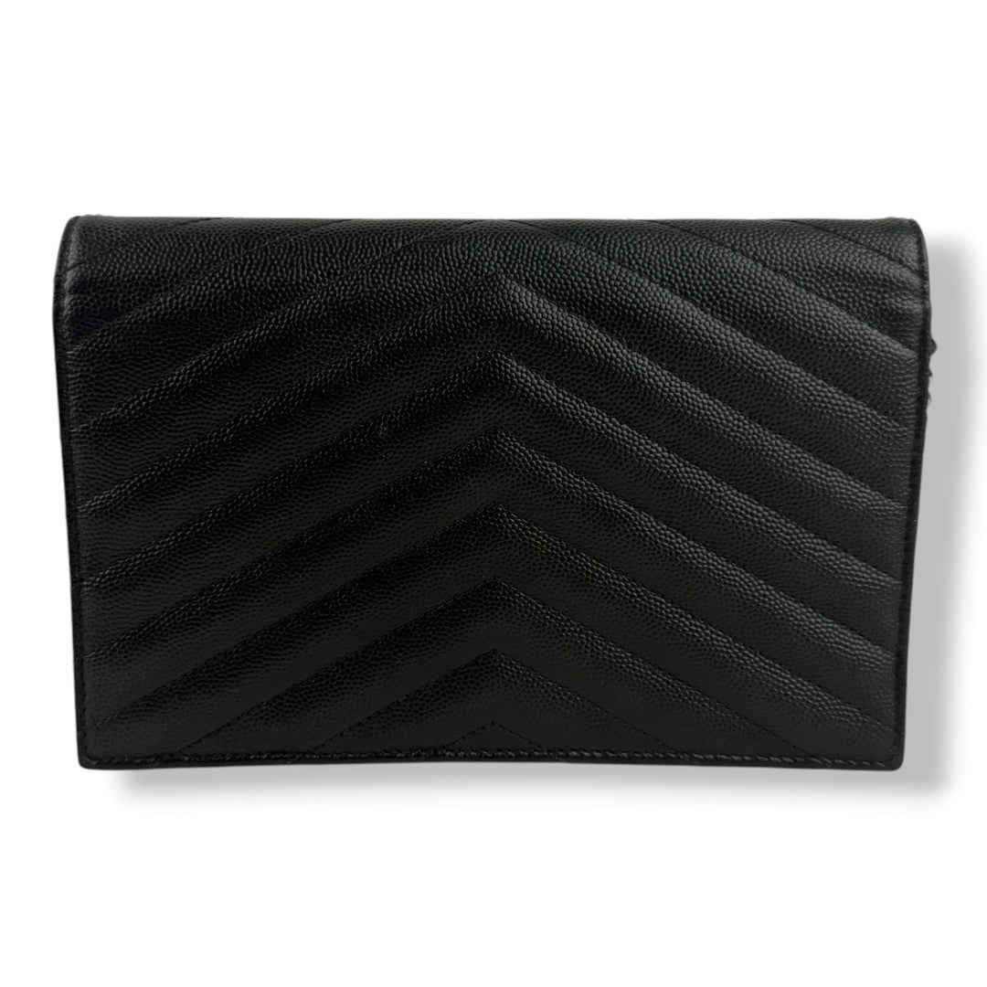 Saint Laurent YSL Black Grained Envelope Leather Wallet On Chain Handbag