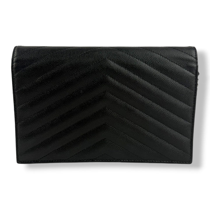 Saint Laurent YSL Black Grained Envelope Leather Wallet On Chain Handbag