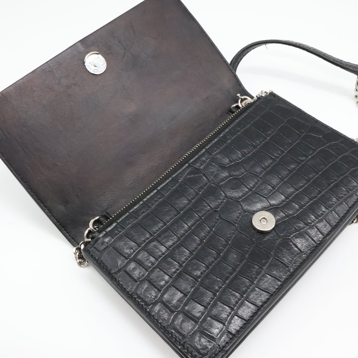 Saint Laurent YSL Black Croc Leather Kate Tassel Wallet On Chain Handbag