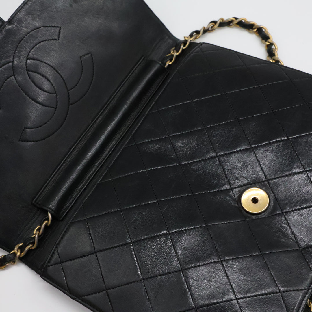 Chanel CC Black Push Lock Single Flap Quilted Lambskin Shoulder Handbag