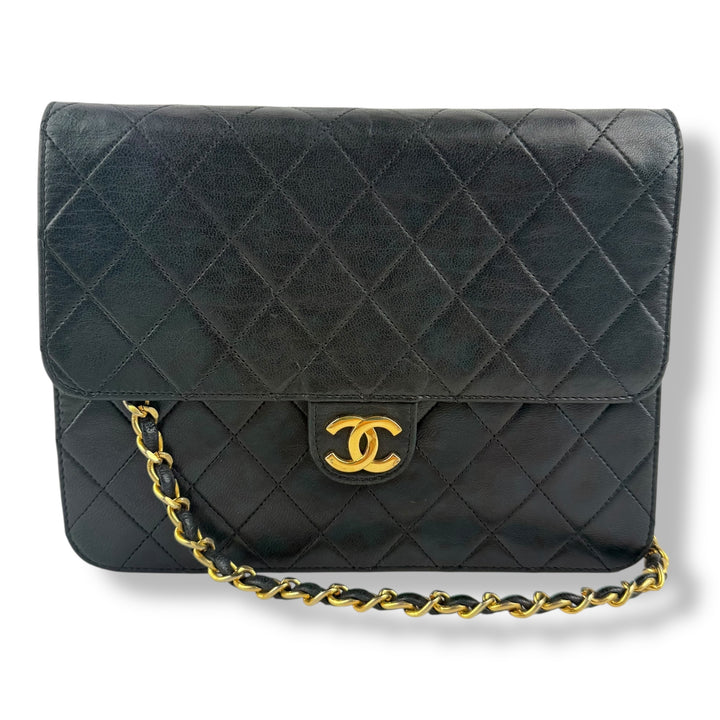CHANEL CC Logo Matelasse Black Leather Single Flap Chain Shoulder Handbag