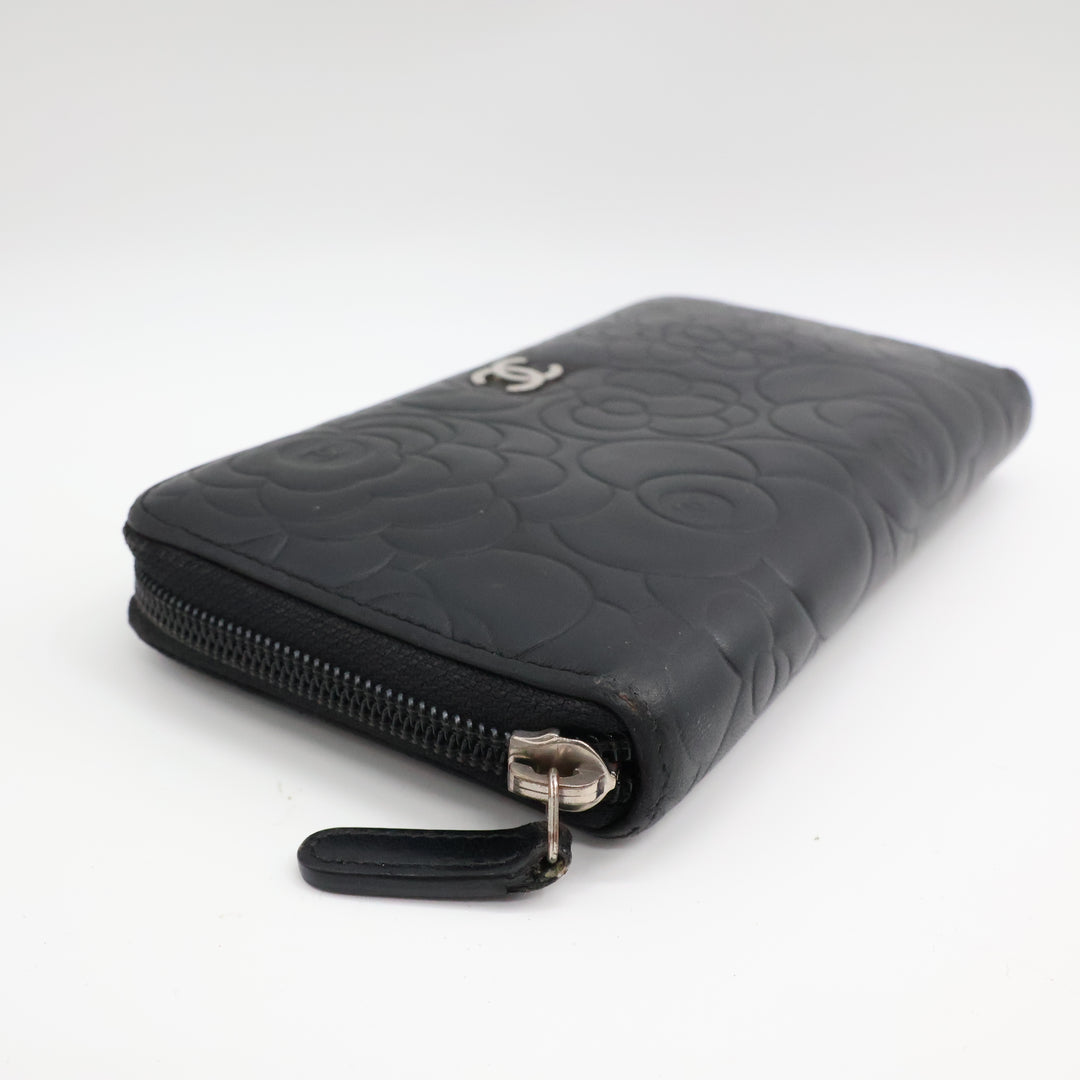 Chanel Black Camelia Zip Around Wallet