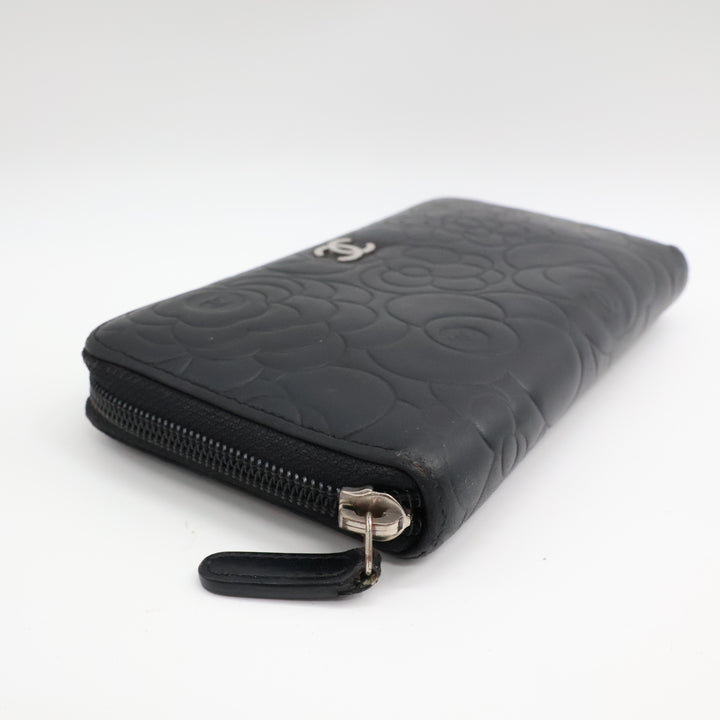 Chanel Black Camelia Zip Around Wallet