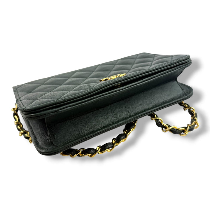 Chanel CC Deep Green Push Lock Single Flap Lambskin Shoulder Handbag