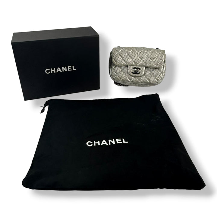 Chanel Mini Perforated Classic Flap Lambskin Silver Handbag
