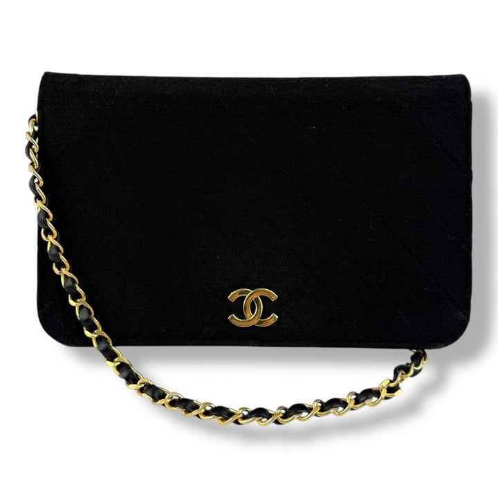 Chanel CC Black Push Lock Single Flap Quilted Cotton Shoulder Handbag