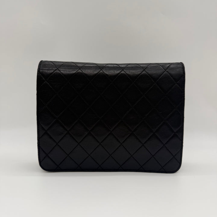 Chanel CC Black Push Lock Single Flap Quilted Lambskin Shoulder Handbag
