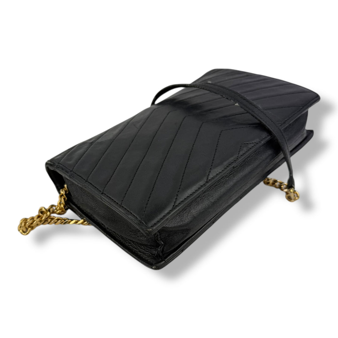 Saint Laurent YSL Black Envelope Leather Wallet On Chain Handbag